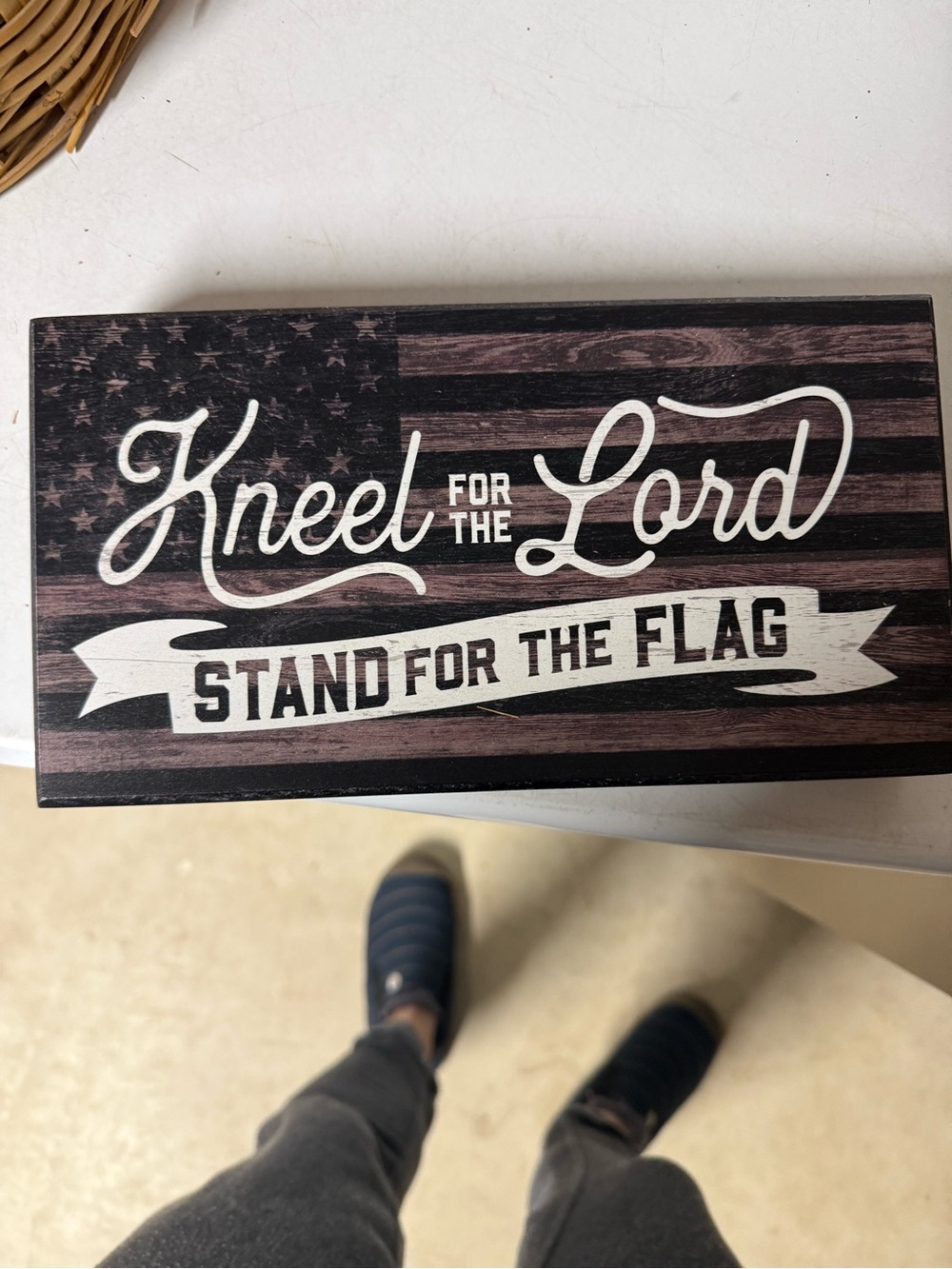 Kneel for the Lord Stand for the Flag - Patriotic Black Wood Art Print